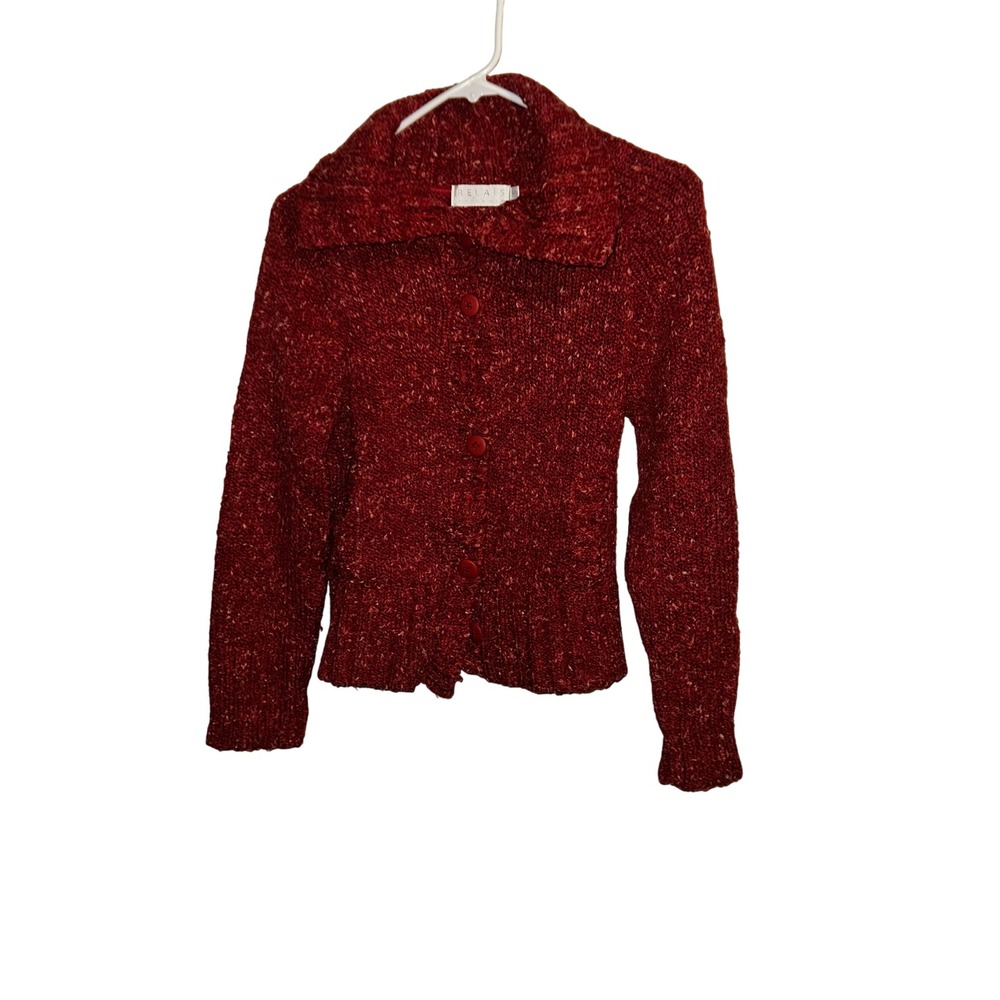 RELAIS Knitwear Red Speckled Tweed Button Front Collared Cardigan Sweater Size S